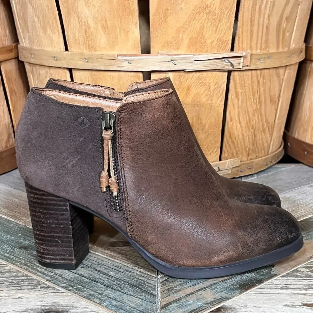 Sperry Dasher Lille Brown Leather Suede Block Heel Zip Ankle Boots Womens Size 8